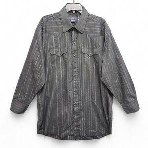 Vintage 70's Panhandle Slim Shirt Mens 18 35 Black Silver Striped Pearl Snap USA